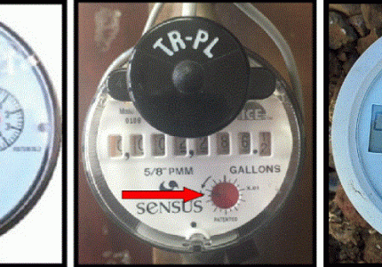 Arrows pointing to leak indicator on different meter types